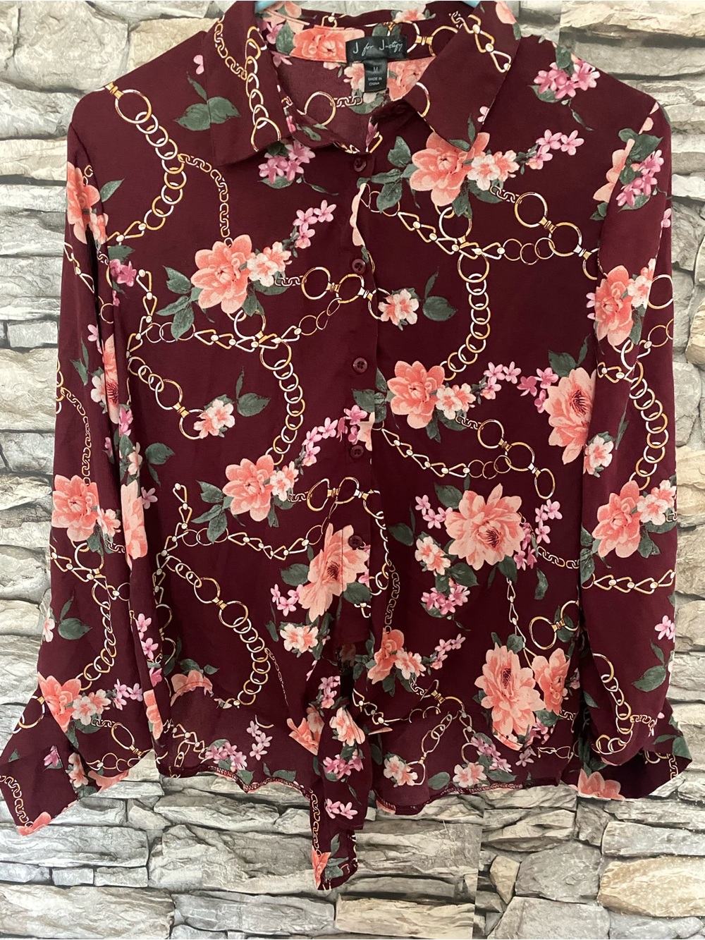J for Justify Burgundy Floral & Chain Print Button-Down Blouse